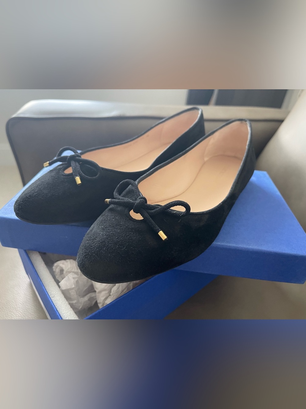 Stuart Weitzman Black Suede Bow Ballet Flats